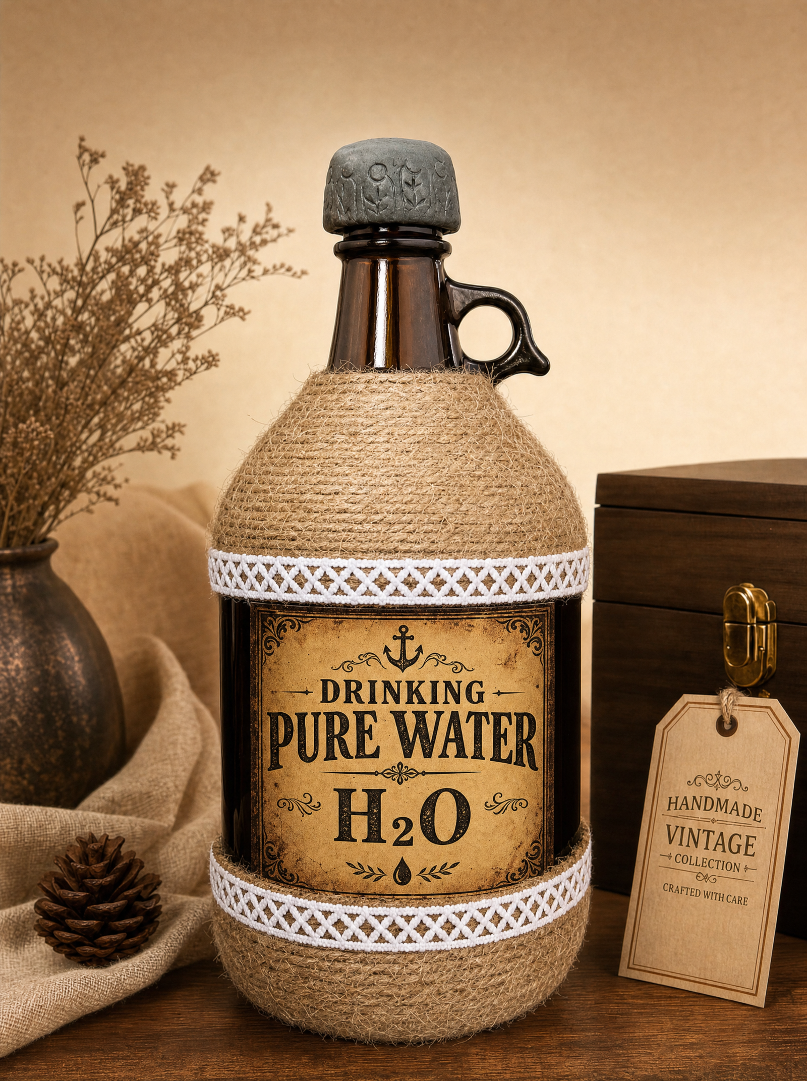 Handmade jute-wrapped glass bottle